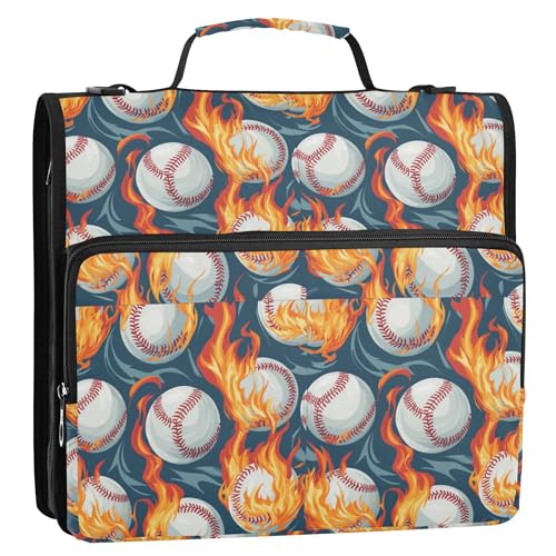 Organizer mit 3 Ringen, 3,8 cm, mit Griff und abnehmbarem Schultergurt, mehrere Taschen, Dokumentenmappe, Organizer für Schule und Büro, rote Flamme, Baseball von Caihoyu