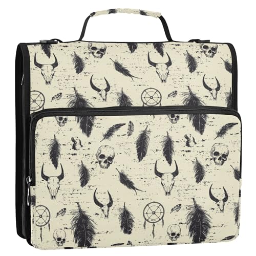 Organizer mit 3 Ringen, 3,8 cm, mit Schultergurt und Griff, mehrere Taschen, Dokumentenmappe, Organizer für Mittelschule, Western Cowboy, Traumfänger, Federn, Totenköpfe, tiefe Canyons von Caihoyu