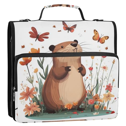 Robuster Ordner mit 3 Ringen und Riemen, mehrere Taschen, Dokumentenmappe, Organizer für Büro, Schule, Cartoon-Biber, Weiß von Caihoyu