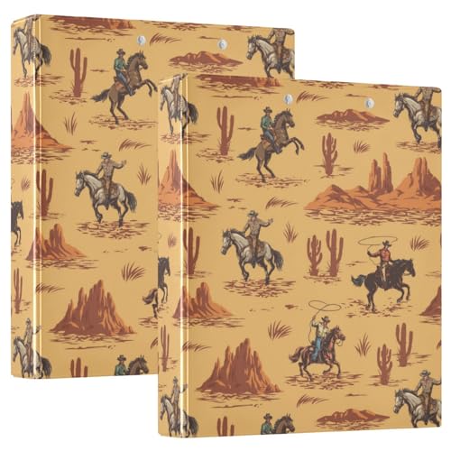 Caikeny 3-Ringbuch Cowboys Pferde Braun 3,8 cm Ordner Kaktus Rundes Ring-Klemmbrett mit 2 Taschen für Bürobedarf von Caikeny