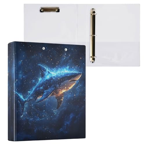 Caikeny Ringbuch mit 3 Ringen, Hai, Fisch, Sterne, Weltraum, Blau, Glitzer, 3,8 cm, rundes Ring-Klemmbrett mit 2 Taschen, für Bürobedarf von Caikeny
