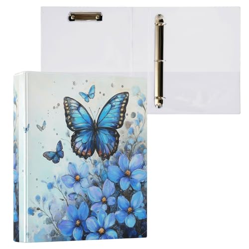 Caikeny Ringbuch mit 3 Ringen, blaue Blumen, blauer Schmetterling, 3,8 cm, rundes Ring-Klemmbrett mit 2 Taschen für Bürobedarf von Caikeny