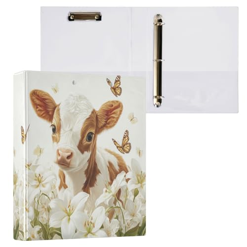 Caikeny Ringbuch mit 3 Ringen, niedliches Kuh-Design, Blumenmuster, Schmetterling, 3,8 cm, rundes Ring-Klemmbrett mit 2 Taschen, für Bürobedarf von Caikeny