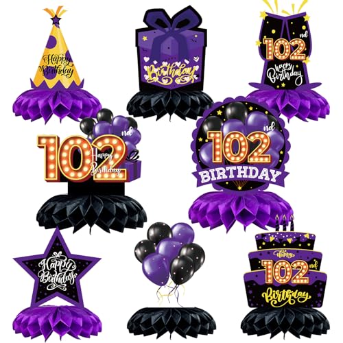 Caiwowo 8 Stück Tischdekorationen zum 102. Geburtstag, Wabenaufsätze, lila und schwarz, Partygeschenke für Damen und Herren, Geburtstagsparty von Caiwowo