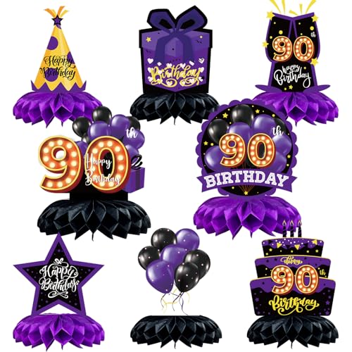 Caiwowo Tischdekoration zum 90. Geburtstag, Wabenaufsätze, Lila und Schwarz, Partygeschenke für Damen und Herren, 8 Stück von Caiwowo