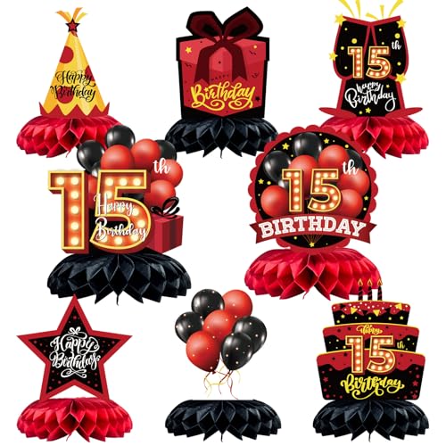 Caiwowo Tischdekorationen zum 15. Geburtstag, Wabenaufsätze, Rot und Schwarz, 8 Stück Caiwowo Tischdekorationen zum 15. Geburtstag, Wabenaufsätze, Rot und Schwarz, 8 Stück von Caiwowo