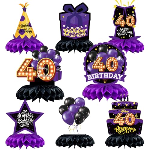 Caiwowo Tischdekorationen zum 40. Geburtstag, Wabenaufsätze, Lila und Schwarz, Partygeschenke zum 40. Geburtstag, für Damen und Herren, Geburtstagsparty, 8 Stück von Caiwowo