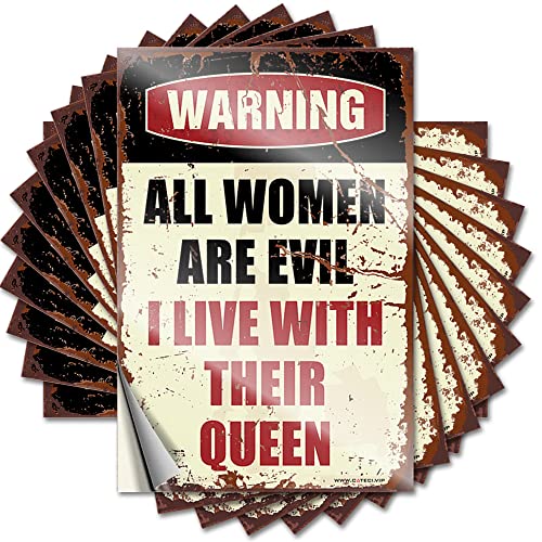 Werkzeugkasten-Aufkleber, Aufschrift "Warning All Women are Evil I Live with Their Queen" lustiger Aufkleber, 10 Stück, lustiges kleines Schild (Größe: 8 x 12 cm) von CakJuice