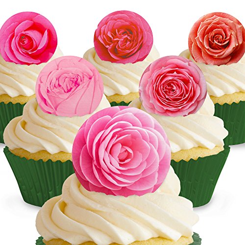 Cakeshop 12 x Vorgeschnittene und Essbare Rosa Rosen Blumen Kuchen Topper (Tortenaufleger, Bedruckte Oblaten, Oblatenaufleger) von Cakeshop