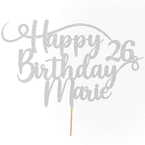 Cakeshop Personalisierte Happy Birthday Glitzer Kuchen Deko Angepasste Farbe jeder Name & jedes Alter Kuchen Dekoration für Geburtstag Party (Helles Silber) von Cakeshop