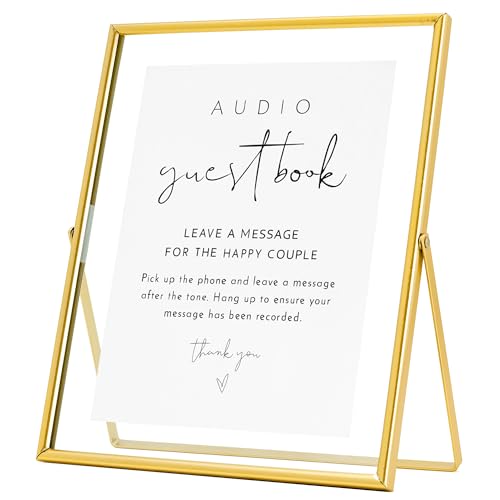 Calculs Hochzeits-Inspo Audio-Gästebuch, goldfarbenes Schild, Halter, Willkommensschild für Photobooth, Metall, Glas, Bilder, schwebende Rahmen, 25,4 x 20,3 cm, für Party, Tischdekoration, Schild von Calculs