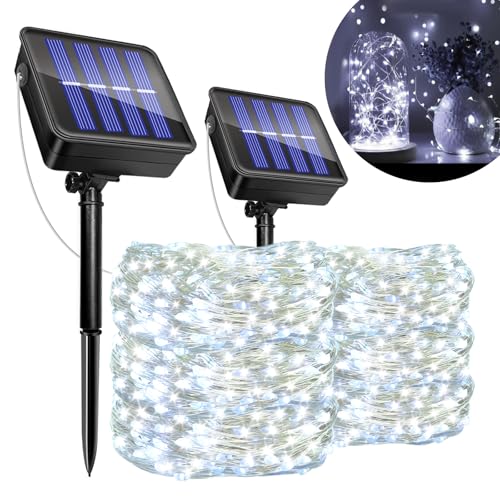 Solar Lichterkette Aussen, 2x12M 120LED Solarlichterkette Aussen, Wetterfest 8 Modi IP65 Wasserdicht Kupferdraht, Solar Lichterkette für Garten Zaun Terrasse Baum Hof Party Weihnachten Deko(Kaltweiß) von Caldarax