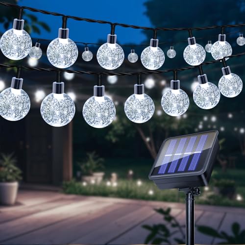 Caldarax Solar Lichterkette Aussen 60LEDs, 11M 36FT Lichterkette Außen Solar Kristall Kugeln, IP65 Wetterfest, 8 Modes, Garten Lichterkette Deko für Balkon Terrassen Hochzeiten Partys Bäume(Kaltweiß) von Caldarax