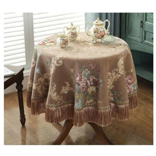 Calefee Tischdecke Rund 180cm Durchmesser, Abwaschbare Tischdecke Chenille Vintage-Jacquard mit Blumen Und Quasten Tischdeko für Esstisch Fleckschutz Calefee Tischdecke Rund 180cm Durchmesser, Abwaschbare Tischdecke Chenille Vintage-Jacquard mit Blumen Und Quasten Tischdeko für Esstisch Fleckschutz von Calefee