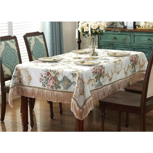 Calefee Tischdecken Rechteckig 140x200cm, Tischdecke Hochzeit Chenille Vintage-Jacquard mit Blumen Und Quasten Abwaschbare Tischdecke Fleckschutz von Calefee