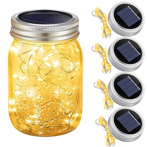 4 Stück 3m 30led Solarglas Solarleuchten, Solar Mason Jar Light Deckel,Lichterkette für Flaschen, LED Lampen Silber Wire Deckel Licht, Solarlampen für Draußen, Garten, Balkon, Outdoor Deko 4 Stück 3m 30led Solarglas Solarleuchten, Solar Mason Jar Light Deckel,Lichterkette für Flaschen, LED Lampen Silber Wire Deckel Licht, Solarlampen für Draußen, Garten, Balkon, Outdoor Deko von Calenxy