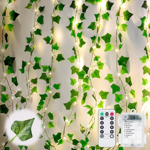 Calenxy Efeu Lichterkette 10M Lichterkette Efeu Künstlich, Fake Efeu Girlande mit 100 LED-Licht Batterie Lichterkette Batteriebetrieben mit Fernbedienung 8 Modi für Zimmer Deko Garten Hochzeit von Calenxy