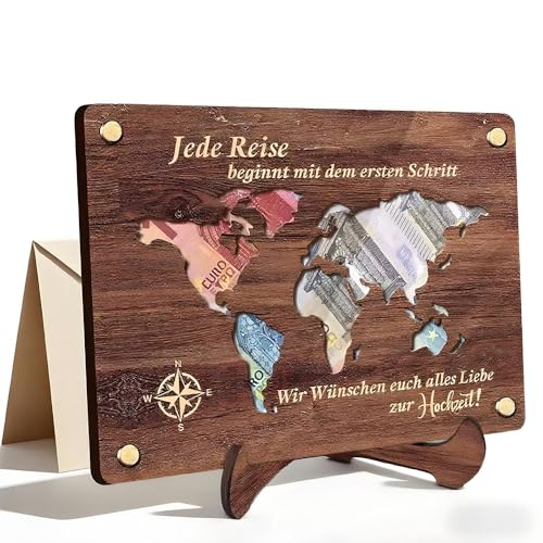 Geldgeschenk Hochzeit, Weltkarte Bilderrahmen Geldgeschenk aus Holz inkl. Ständer Hochzeit Geschenke, Dekorative GeschenkkarteHolz, Personalisierte Weltkarte für Brautpaar von Calenxy