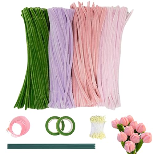 Pfeifenreiniger Blumen Set, 400 Stück Rosa Pfeifenreiniger Zum Basteln Pfeifenputzer zum Basteln, 4 Farben Zartrosa Grün Pfeifenreiniger mit 20 Grünem Bastelfaden Geschenkband für Blumenstrauß DIY von Calenxy