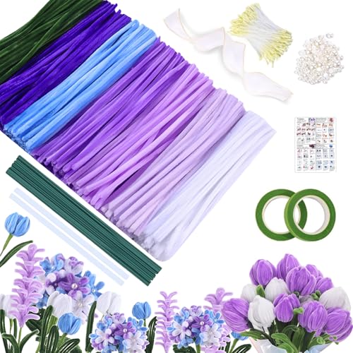 Pfeifenreiniger Blumen Set,385 Stück Pfeifenputzer zum Basteln Blumen,Pipe Cleaner Mit Grüne Blumenstöcke, Klebebandrollen, Anleitungen,Blumenstraußverpackungen, Bänder,Staubgefäße DIY Handwerk Dekor von Calenxy