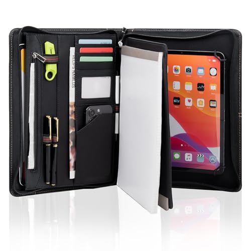 Calfinder Konferenzmappe A4 Leder mit Reißverschluss 12.9 Zoll Tablettasche echtes Rindsleder Premium Handgefertigte Lederschreibmappe,Schreibmappe,Ledermappe, Dokumentenmappe,Businessmappe,Aktenmappe von Calfinder