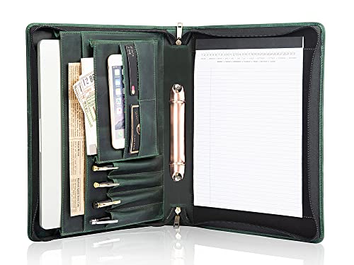 FREI NAME GRAVUR, Präsentationsmappe a4, Schreibmappe A4 Reißverschluss, 2 Ring Binder Konferenzmappe Leder, Ledermappe mit A4 Klemmbrett, Leather Padfolio Folder, Geschenk, Grün, Customized von Calfinder