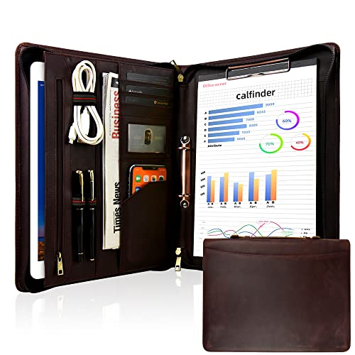 FREI NAME Gravur, Personalisiert Ringmappe a4 Leder, 2 Ring Binder Konferenzmappe, Arbeitsmappe Schreibmappe mit a4 Klemmbrett/Griff, Leather Portfolio, Customized Geschenk, Dunkelbraun von Calfinder