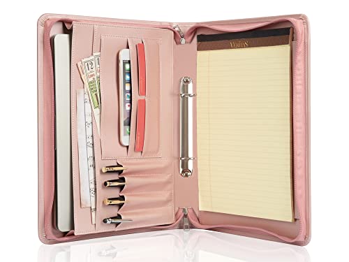 FREI NAME GRAVUR, Personalisierte Schreibmappe A4 mit Gravur, 2 Ringbinder Konferenzmappe PU Leder, Ringbuchmappe mit A4 Klemmbrett/Reißverschluss, Damen Geschenk, Customized, Pink von Calfinder