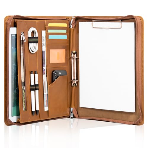 Calfinder Konferenzmappe Leder, Dokumentenmappe Schreibmappe a4 mit Ringbuch, 2 Ring Binder Ledermappe mit a4 Klemmbrett/Reissverschluss, Business Organizer Mappe, Geschenk für Herren/Damen, Braun Calfinder Konferenzmappe Leder, Dokumentenmappe Schreibmappe a4 mit Ringbuch, 2 Ring Binder Ledermappe mit a4 Klemmbrett/Reissverschluss, Business Organizer Mappe, Geschenk für Herren/Damen, Braun von Calfinder