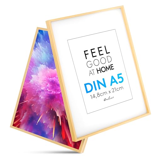 Calias® [1 STK.] Bilderrahmen A5 Natur - Bilderrahmen Holz mit bruchsicherem Plexi Glas - Holzbilderrahmen inkl. Aufsteller und Aufhängung - Echtholz Bilder Rahmen FSC zertifiziert - Made in EU von Calias