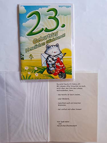 1 Glückwunschkarte, 23. Geburtstag, Doppelkarte m. Umschlag, Katze Roller von California Blue