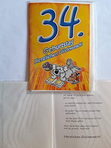 1 Glückwunschkarte, 34. Geburtstag, Doppelkarte m. Umschlag, Koala Blumen Kuchen von California Blue