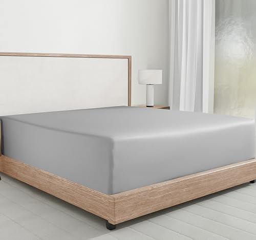 California Design Den Spannbettlaken aus 100 % langstapeliger Baumwolle, King-Size-Bett, 150 x 200 + 30 cm, Fadenzahl 400, weicher und kühlender Satinstoff ist wie ägyptische Baumwolle, hellgraue Farb von California Design Den