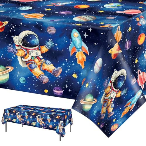 Calkkrer 1 Stück Weltraum-Plastik-Tischdecke, Solarsystem-Design, Einweg-Tischdecke für Planeten-Thema-Party, Galaxie Tischabdeckung Geburtstag, 130 x 220 cm von Calkkrer