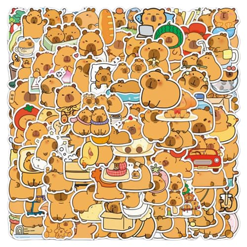 Calkkrer 100 Stück Kreative Capybara Sticker, Niedliche Tiere, Wasserdicht Vinyl Aufkleber für Kinder und Schule, Capybara Cartoon Aufkleber, Lustige Tiermotive von Calkkrer