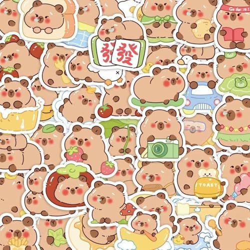 Calkkrer 100 Stück Niedliche Capybara Aufkleber, Wasserdicht PVC Sticker Set für Kinder, Mädchen und Capybara Fans, Ideal für DIY Dekoration und Geschenke von Calkkrer