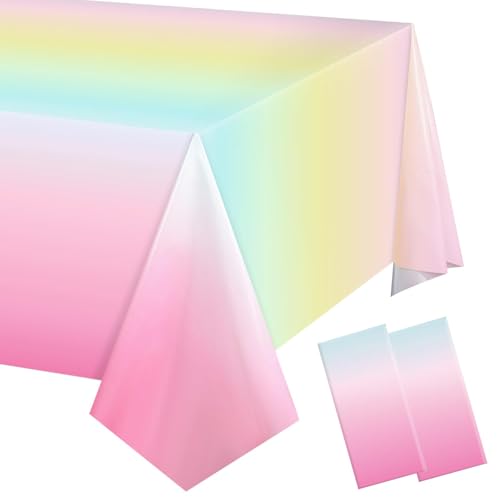 Calkkrer 2 PCS Pastell Regenbogen Tischdecken 137x274cm, Bunte Tischdecke Geburtstag Mädchen, Tischdeko Kinder Party, Wachstischdecke Hochzeit, Tischtuch Regenbogen Deko von Calkkrer