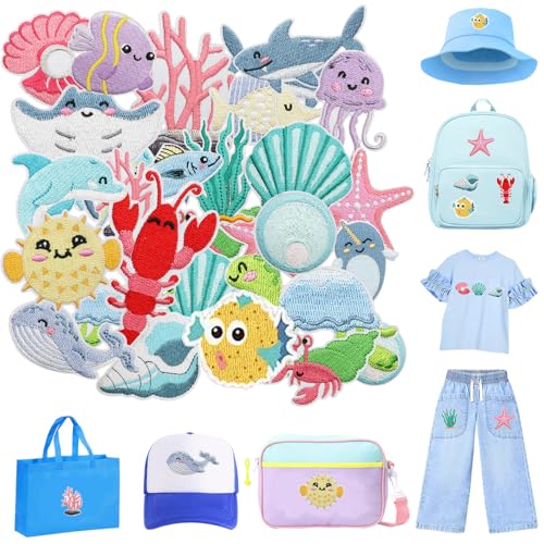 Calkkrer 22 Stück Set Süße Qualle und Wal Bügelflicken, Marine Cartoon Stickerei Aufnäher, sommerliche Dekoration für Kleidung, Jacken, Jeans, Taschen, Hüte, Schuhe von Calkkrer