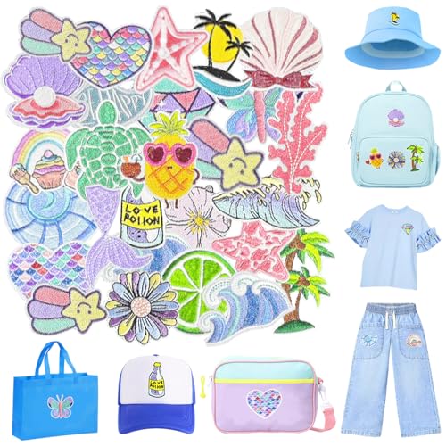 Calkkrer 25 Stück Meeresthema Bügelflicken, Sommerstrand Stickerei Patches für kreative DIY Dekoration.Sommerliche Flicken zum Aufbügeln für individuelle Accessoires von Calkkrer