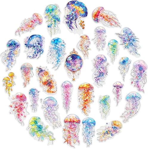 Calkkrer 30 Stück Fantasie Quallen Aufkleber Set, Transparent, Holographisch, Silberne Folie, Unterwasser Ozean Sticker, für Scrapbooking, Journaling, Kunsthandwerk von Calkkrer
