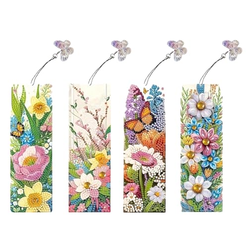 Calkkrer 4 Stück Diamond Painting Lesezeichen Set Mit 4 Blumen Designs, Kreative Handgefertigte Bastelset Mit Acryl, Blumenmuster Und Feder Lesezeichen von Calkkrer
