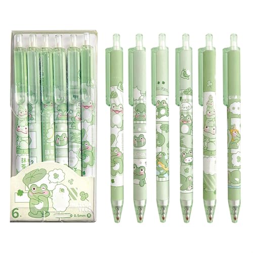 Calkkrer 6 Stück Cartoon Frosch Gelpen, 0,5mm Kugelschreiber, Einziehbare Tintenroller, Aesthetische Schreibwaren für Mädchen, Hochwertige Bürostifte, Lustige Stifte von Calkkrer