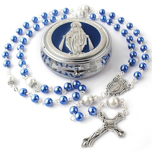 Calkkrer 6mm Glasperlen Rosenkranz mit 8mm Vaterunser-Perlen, Katholische Kette im Wunder-Metall-Geschenkbox, Erstkommunion und Personalisiertes Blau Rosenkranz Calkkrer 6mm Glasperlen Rosenkranz mit 8mm Vaterunser-Perlen, Katholische Kette im Wunder-Metall-Geschenkbox, Erstkommunion und Personalisiertes Blau Rosenkranz von Calkkrer