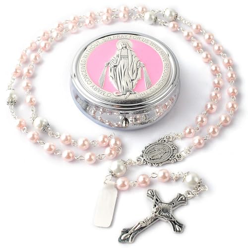 Calkkrer 6mm Glasperlen Rosenkranz mit 8mm Vaterunser-Perlen, Katholische Kette im Wunder-Metall-Geschenkbox, Erstkommunion und Personalisiertes Rosa Rosenkranz Calkkrer 6mm Glasperlen Rosenkranz mit 8mm Vaterunser-Perlen, Katholische Kette im Wunder-Metall-Geschenkbox, Erstkommunion und Personalisiertes Rosa Rosenkranz von Calkkrer