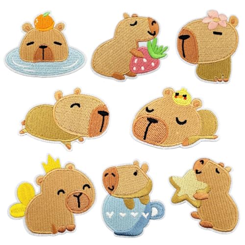 Calkkrer 8 Stück Niedliche Capybara Wasserschwein Bügelflicken, Stickerei Aufnäher für Kinder und DIY Projekte, Cartoon Dekoration für Kleidung, Jacken, Jeans von Calkkrer