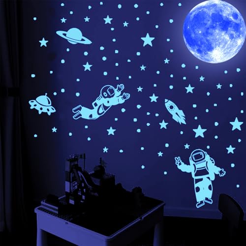 Calkkrer Leuchtsterne für Kinderzimmer, Wandtattoo Junge, Weltraum Sticker, Luminous Astronaut Galaxy, Leuchtende Sterne und Planeten, Wandsticker für Kinder von Calkkrer