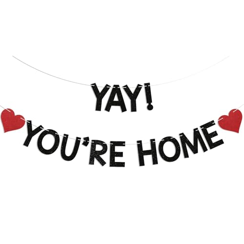 Calkkrer Yay! You're Home Banner Schwarz Glitzer, Welcome Home Dekoration, Willkommen Zuhause Girlande, Willkommens Banner Tür, Willkommen Zurück Partydeko von Calkkrer