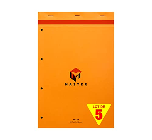 Clairefontaine 10754C - Packung mit 5 Schreibblöcken Calligraphe Master kopfseitig geheftet, 4-fach gelocht, DIN A4+ 21x31,8 cm, 40 Blatt, französische Lineatur, 80g, Orange, 1 Pack von Clairefontaine