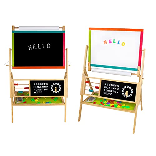 Calma Dragon W12B103-2 Kinder Whiteboard 2 in 1, Kindertafel aus Holz, doppelseitig, mit Uhr und Alphabet, mit Zeichenpapierrolle, Kreide, Markierstiften und Radiergummi (Grande) von Calma Dragon