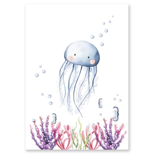 Calmondo Qualle Kinderbild für Kinderzimmer | Tier-Poster als Geschenk für Mädchen & Jungen | Süße Wand-Deko für eine fröhliche Atmosphäre | DIN A4 | Mit Bonusbild und Kindermappe von Calmondo